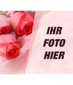 Romantische Fotomontage, um ein Foto von Ihrem Partner mit einigen Rosen auf Seide, Perlen und Lichtblitze setzen
