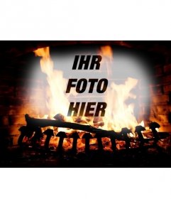 Fotomontage mit dem Bild von einem Kamin mit brennenden Holzscheite und Ihre Online hochgeladene Bild überlagert mit dem Feuer