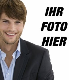 Fotomontage mit Ashton Kutcher in einem Anzug mit Stoppeln und kurze Haare, um ein Bild mit ihm zu haben