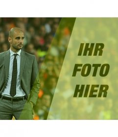 Erstellen Sie eine Fotomontage mit Pep Guardiola auf einem Fußballplatz und einem Bild von Ihnen mit einem grünen Filter und der Satz, den Sie wollen