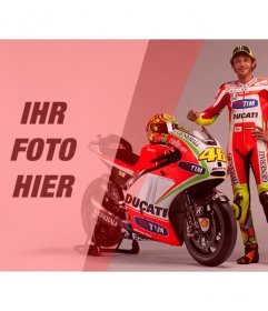 Erstellen Sie eine Fotomontage mit Valentino Rossi, Motorradrennfahrer mit seinen roten und weißen Fahrrad und einem roten Filter auf Ihr Foto