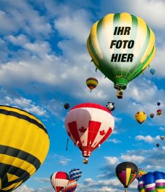 Fotomontage mit bunten Luftballons fliegen in den blauen Himmel, wo Sie ein Foto auf dem Stoff von einem der Ballons setzen können
