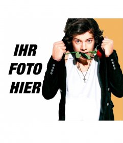 Berg Harry Styles mit einer Rose im Mund und auf Kamera