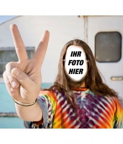 Fotomontage Ihr Gesicht in einem Hippie zu setzen mit einem Wohnwagen