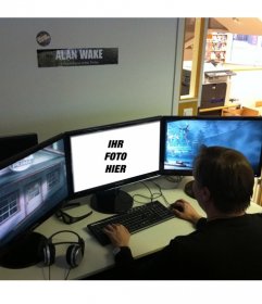 Fotomontage mit einem Video-Game-Spieler und Ihr Foto auf dem Computer neben zwei Bildschirmen