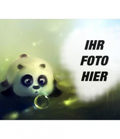 Fotomontage mit einem Panda gezeichnet weht ein Seifenblase und ein Loch auf der rechten Seite, um ein Foto setzen