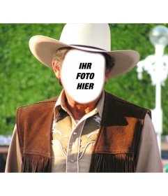 Erstellen Sie eine Foto-Montage mit dem Gesicht und auf ein Cowboy wie ein älterer Cowboy mit Hut und westlichen Weste gekleidet