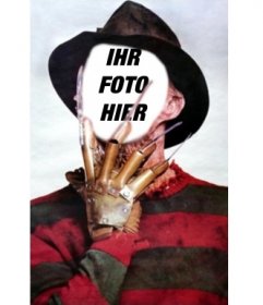 Fotomontage von Freddy Krueger mit seinen Krallen in das Gesicht