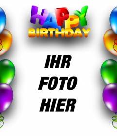 Geburtstagskarte mit Luftballons Rahmen und Text Happy Birthday in farbigen Buchstaben
