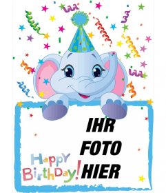 Geburtstagskarte, in denen wird dazu ein Foto von einem blauen Elefanten gehalten. Fonds Partei
