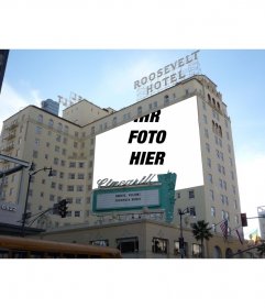 Fotomontage, um das Foto zu einem Poster des berühmten Hollywood Hotel untergebracht