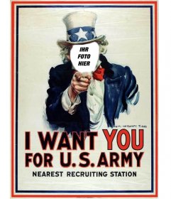 Fotomontage, ein Gesicht zu Uncle Sam in einem Plakat