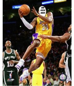 Fotomontage zu setzen Ihr Gesicht auf den Spieler Kobe Bryant Ihren Körper mit dem Basketball-Spieler Kobe Bryant mit dem T-Shirt von Los Angeles Lakers ändern