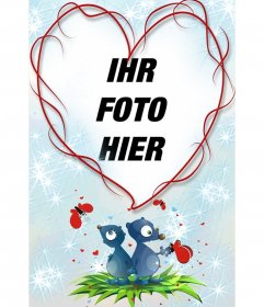 Herz-förmigen Rahmen und blauen Hintergrund mit zwei Tiere, Herzen und Schmetterlinge. Großen erinnern, für die Liebhaber am Valentinstag