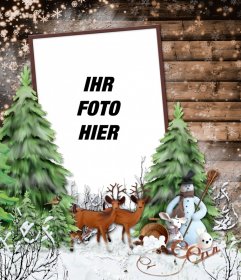 Fotorahmen mit einer verschneiten Winterlandschaft, ein Reh und ein Schneemann