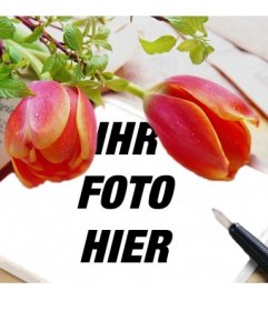 Umgeben Rahmen für die Bilder der roten Tulpen, in dem Sie Ihr Foto auf einer Leinwand simuliert ein Notebook mit einem Stift daub setzen