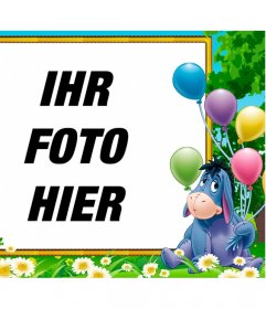 Geburtstag-Rahmen für Kinder mit Igor, dem Esel von Winnie the Pooh mit Ballons über Ihrem Foto