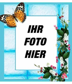 Rahmen Sie Ihr Foto mit Blumen und Schmetterling auf einem blauen Hintergrund