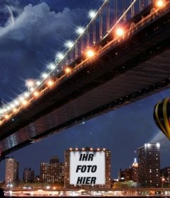 Fotomontage auf einem Plakat eines Gebäudes neben einem Ballon und einer Brücke