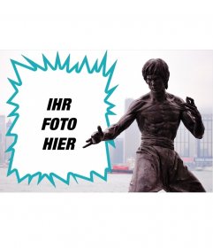 Collage mit einer Statue von Bruce Lee 