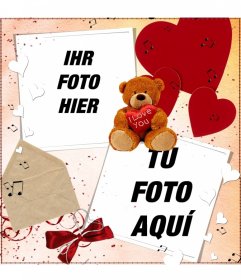 Postkarte zu tun für zwei Fotos online, mit Dekoration eines Teddybären, Herzen und Buchstaben