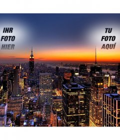 In dieser Collage Ihr Foto erscheint zweimal, gegossen in den Himmel über New York. Spektakuläre Bild von einem Sonnenuntergang mit den Lichtern der Hochhäuser leuchten