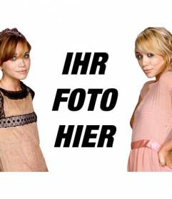 Fotomontage mit der Olsen-Zwillinge, Mary Kate und Ashley. Auftritt in einem Foto mit dem berühmten amerikanischen Zwillinge Trendsetter und Text hinzufügen