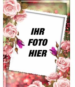 Bilderrahmen mit Rosen um ein unscharfes rosa und grünem Hintergrund mit Foto und Text zu personifizieren