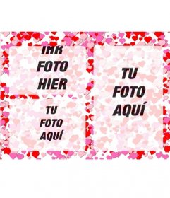 Bilderrahmen für 3 Fotos der Liebe mit kleinen roten Herzen und Rosen auf weißem Hintergrund