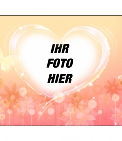 Romantische Bilderrahmen mit einem Herz auf einem orangefarbenen Hintergrund mit Blumen und Licht Halos um Ihr Bild mit deiner Liebe setzen