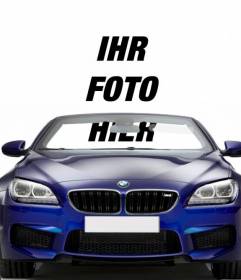 Fahren Sie einen blauen Cabrio BMW mit diesem Fotomontage, in dem Sie Ihr Foto setzen können, um zu sehen, wie Sie mit dem Auto kommen