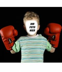 Fotomontage mit einem Kind mit Boxhandschuhen Ihr Bild auf seinem Gesicht zu setzen