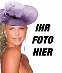 Erstellen Sie Fotomontagen mit Charlize Theron Gala in einem Kleid und einem passenden lila Hut neben dir gekleidet