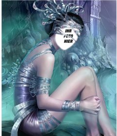 Fotomontage, in dem Sie sich zu einer Nymphe in einer Fantasy-Welt mit besonderer Kleidung und einem silbernen Bande rund um Ihr Gesicht