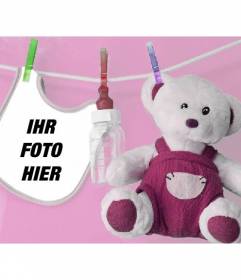 Fotomontage mit Latz und ausgestopfte Soito ein Bild von Ihr Neugeborenes Mädchen mit rosa Hintergrund setzen