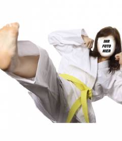 Fotomontage eines Mädchens Karate mit einem weißen Kimono zu üben