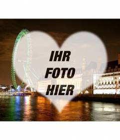 Fotomontage der Liebe in London mit dem London Eye und Landschaft förmigen Rahmen Herzen, wo Sie Ihr Foto setzen können