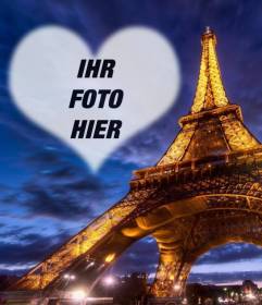 Fotomontage in Paris mit dem beleuchteten Eiffelturm und einem halbtransparenten herzförmigen Bilderrahmen in den Himmel, um das Foto zu platzieren