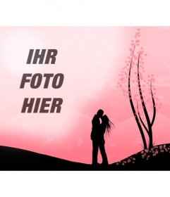 Erzeugt eine romantische montage mit diesem Bild von ein paar Küssen in einer Landschaft mit rosa Blüten und dem Bild, das Sie hochladen online