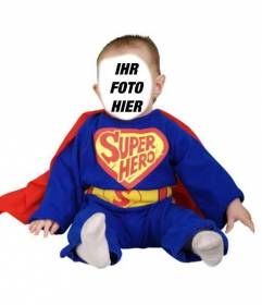 Dress up Ihr ​​Baby mit dieser Ausschreibung Fotomontage der blauen Superheld mit roten Umhang