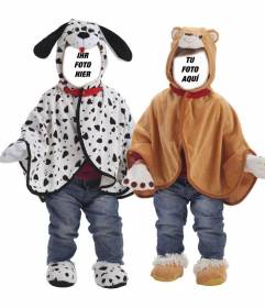 Fotomontage von Zwillingen wie ein Teddybär und ein Dalmatiner gekleidet und mit anderen Gesichtern anmelden