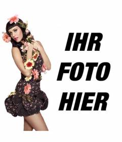 Fotomontage mit der Sängerin Katy Perry mit Blumen und Pinup-Stil mit schwarzen Kleid und schwarzen Haaren mit Knall
