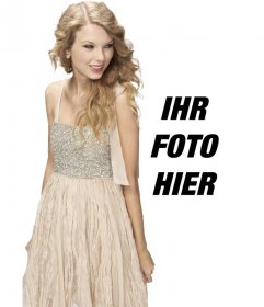 Fotomontage mit Taylor Swift in einem hellen Kleid, mit ihr in einem Foto erscheinen und fertigen Sie mit Text