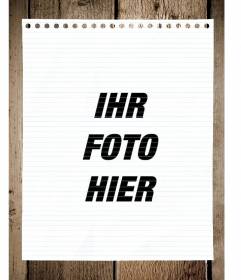 Fotomontage mit einem Blatt Papier Notebook auf einem Tisch, um das Foto gelegt und Text hinzufügen