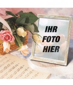 Rahmen für die Fotos online, wo können Sie Ihr Bild in einem Bilderrahmen mit einem Korb mit Rosen und einer Partitur setzen