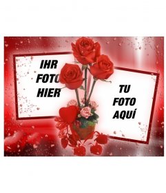 Photo Frame, wo Sie zwei Bilder, die von einigen Rosen gebunden erscheinen setzen können. rotem Hintergrund mit Herzen