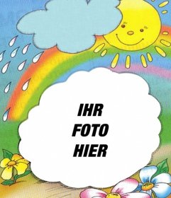 Bilderrahmen mit der Sonne auf dem Hintergrund der aus einer Wolke und des Regenbogens, wo Sie Ihre Bilder setzen können