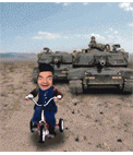 Benutzerdefinierte Animation von Saddam Hussein verfolgt von einem Tank