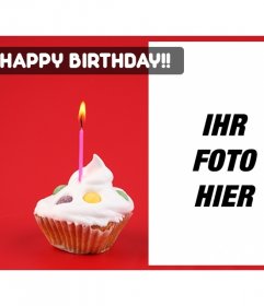 Erstellen Sie eine Geburtstagskarte mit dem Foto, das Sie mit einem roten Hintergrund wollen und einen kleinen Kuchen mit einer Kerze auf einer Seite