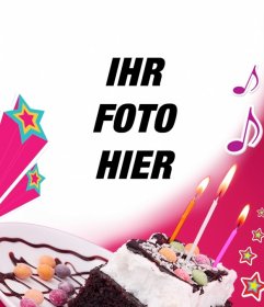Geburtstagskarte, wo Sie ein Bild hochladen mit einem rosa Hintergrund, ein Kuchen mit Kerzen, Sternen und Musik